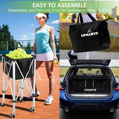 Pickleball Tennis Ball Hopper-Foldable Lightweight Tennis Cart Holds 180 Tennis/160 Pickleballs with Removable Bag,Wheels,Side Pocket for Training/Teaching, for Tennis/Pickleball/Baseball/Softball