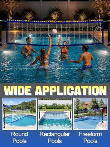 15 x 3 FT LED Pool Volleyball Net Replacement - Adjustable Strap Length 15-31 Ft for Inground Pools, Light Up Water Volleyball Net for Teens/Adults/Family Pool Backyard Party Game