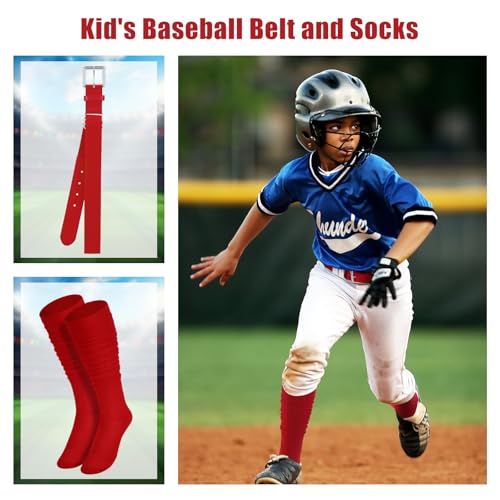 Baseball Belt and Socks Combo Adjustable Softball Belt and Socks Elastic Waist Belt for Youth and Adult - color: Red, size: Youth