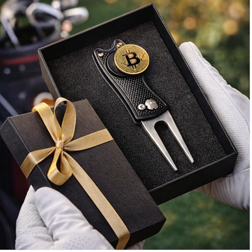Bitcoin Golf Divot Repair Tool, All-Metal Golf Accessories - 3- in-1 Golf Multitool (Divot Tool, Ball Marker, Club Holder) | Foldable with with Pop-up Button & Magnetic Ball Marker