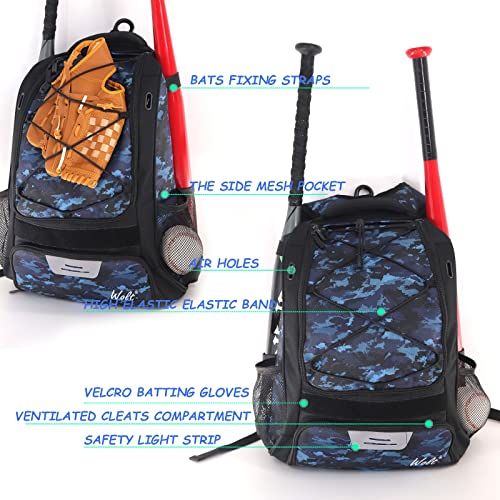 WOLT Youth Baseball Bag - Bat Backpack for Baseball, T-Ball & Softball Equipment & Gear, Bat & Glove Holder, Large Main Compartment for Helmet & accessories, Separate Shoes Compartment, Fence Hook - color: CamoBlue