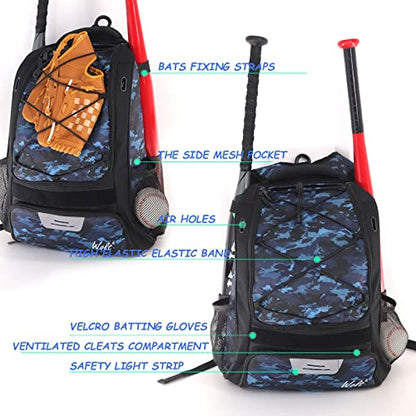 WOLT Youth Baseball Bag - Bat Backpack for Baseball, T-Ball & Softball Equipment & Gear, Bat & Glove Holder, Large Main Compartment for Helmet & accessories, Separate Shoes Compartment, Fence Hook - color: CamoBlue