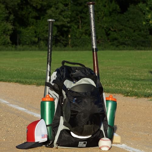 Baseball Backpack with Cleat Pocket | Large Capacity | 19.5" T x 14" W x 7.5" D | Holds 4 Bats | External Helmet Storage - color: Black / Gray