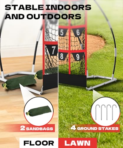 Queension 9 Hole Pitching Target Net with Strike Zone, Baseball Batting Net with Target Pockets, Pitching Net with Ground Stakes and Sandbags for Baseball Training - color: White