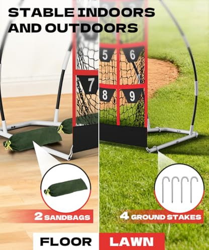 Queension 9 Hole Pitching Target Net with Strike Zone, Baseball Batting Net with Target Pockets, Pitching Net with Ground Stakes and Sandbags for Baseball Training - color: White