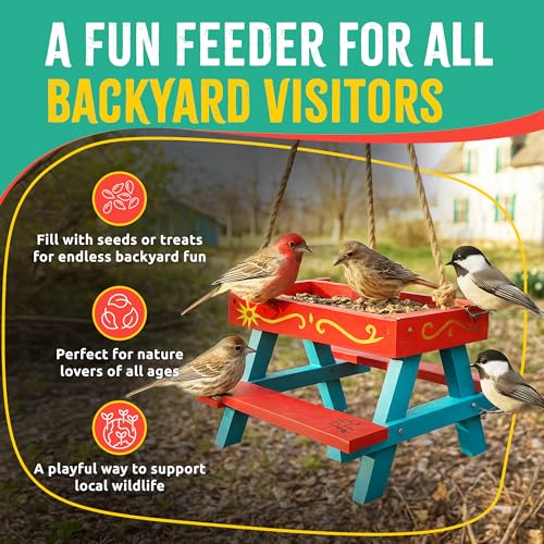 SparkJump Picnic Table Bird and Squirrel Feeder Kit, DIY Woodworking Project for Kids and Families, Complete Tools and Paint Set, FSC-Certified Sustainable Wood, Backyard Nature Activity, Ages 6+