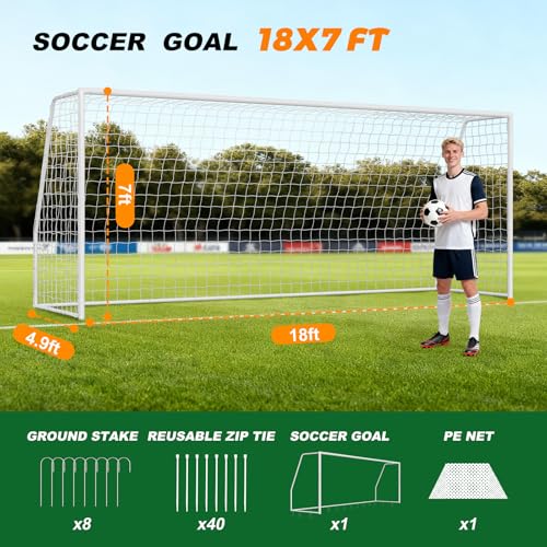 NAIZEA Soccer Goals - 24x8/21x7/18x7/12x6/16x7/10x6/8x6/6x4FT Soccer Goals for Backyard Training- Portable Metal Soccer Net for Youth & Adults - Heavy Duty Steel for Indoor Outdoor Games & Practice - size: 18ft x 7ft, style: Trainer-White/Steel