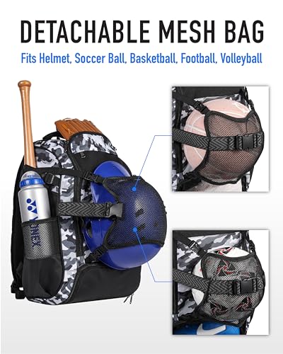 Large Baseball Backpack for Adult Youth 42L Softball Bat Bag with Detachable Adjustable Helmet Mesh Pocket Fit Basketball Soccer Volleyball Baseball Equipment Bag for Men Women 12+ Boys Girls - color: Black White Camouflage