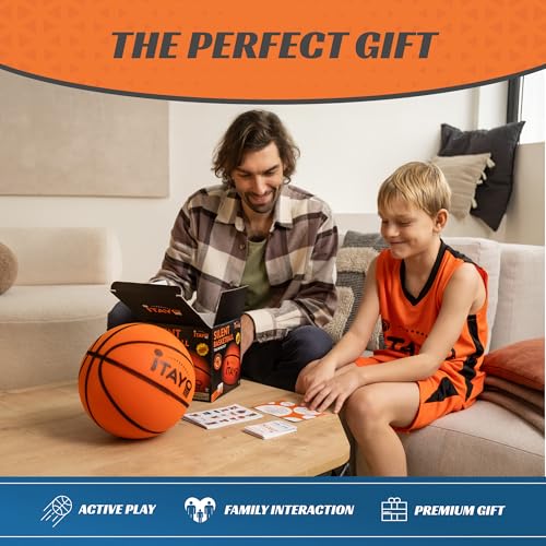Silent Basketball Size 7 (29.5") - Airless High Bounce Indoor Foam Training Kit | Quiet Dribbling Ball for Apartments | Includes 24 Skill Challenge Cards + Stickers