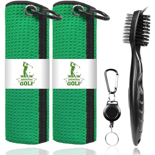 ATTRACTIVE Golf Towels, Microfiber Waffle Pattern Towels - Golf Club Brush with Cleaning (2 Green Towel+Black Brush) - color: Green