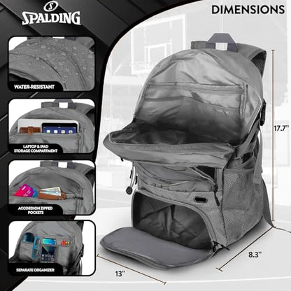 Spalding Basketball Backpack Sports Bag | Large Black Backpack with Shoe and Ball Compartment | Gifts for Basketball Players - color: Grey