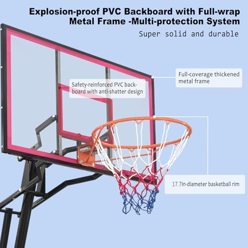 44 Inch Portable Basketball Hoop Outdoor, 8ft-10ft Height Adjustable Basketball Goal System with Shatterproof PVC Backboard & Dunkable Spring Rim, 165lbs Stable Base with Wheels for Driveway