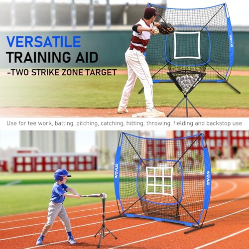 7x7 ft Baseball Net for Batting Pitching Hitting, Softball Pitching Net with Strike Zone, Tee, Ball Caddy, Softball Batting Net Baseball Training Equipment for Kids Adult Youth Sport Practice - color: Blue