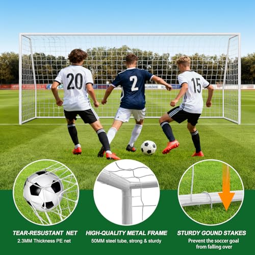 NAIZEA Soccer Goals - 24x8/21x7/18x7/12x6/16x7/10x6/8x6/6x4FT Soccer Goals for Backyard Training- Portable Metal Soccer Net for Youth & Adults - Heavy Duty Steel for Indoor Outdoor Games & Practice - size: 18ft x 7ft, style: Trainer-White/Steel