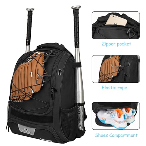 LARIPOP Youth Baseball Bag, Bat Backpack with Fence Hook & Separate Shoe Compartment, Waterproof Equipment Bag for Baseball, T-Ball & Softball - color: Black