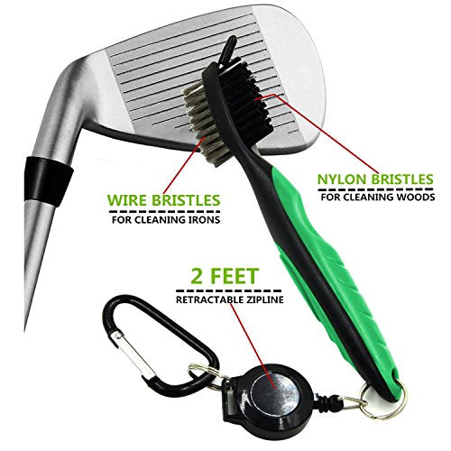 Yoport® Golf Club Brush and Club Groove Cleaner 2 Ft Retractable Zip-line Aluminum Carabiner, Lightweight and Stylish, Ergonomic Design, Easily Attaches to Golf Bag - color: Red+green