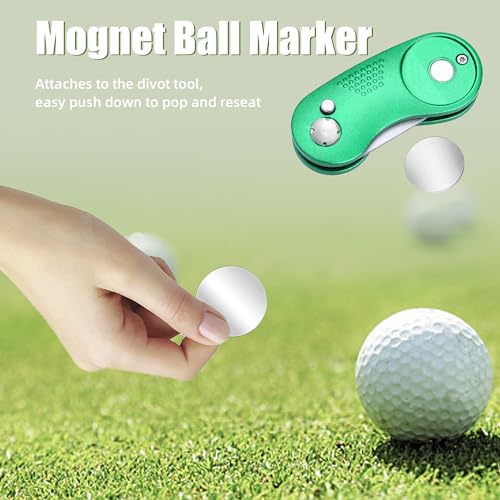 Mile High Life Golf Divot Repair Tool, All Metal Foldable Divot Tool with Pop-up Button & Magnetic Ball Marker - color: Green Curve