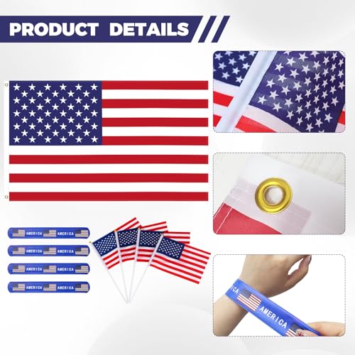 Team USA Cheering Accessories Pack 9 Pcs - 2x3 Ft American Flag, 4 Small US Flags on Stick, 4 Patriotic Slap Bracelets - USA Fan Gear Party Supplies for 2026 Soccer Event, 4th of July, Sports Bar
