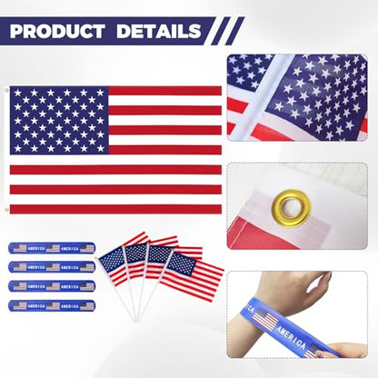 Team USA Cheering Accessories Pack 9 Pcs - 2x3 Ft American Flag, 4 Small US Flags on Stick, 4 Patriotic Slap Bracelets - USA Fan Gear Party Supplies for 2026 Soccer Event, 4th of July, Sports Bar