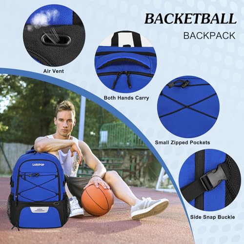 LARIPOP Basketball Backpack Large Basketball Bag with Ball Holder & Shoe Compartment for Youth Adults Men Women - color: Blue