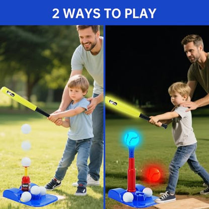 2 in 1 Glow In The Dark T Ball Sets for Kids 3-5 5-8,Light up Tee Ball Set with Automatic Pitching Machine/Adjustable Glow Batting Bat & Stand/6 Balls /2 Glow Balls, Baseball Toys for Toddlers Boys
