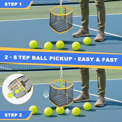 PICKLETECH Pickleball Ball Picker Upper - Tennis Balls Hoppers, 20-Ball Large Capacity | 24-34" Telescopic Stainless Steel Handle | Lightweight Portable for Outdoor Courts Clearance