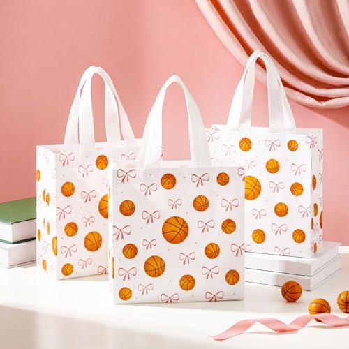 Sweetude 24 Pcs Basketball Gift Bags Bulk with Handle Pink Bow Tote Non Woven Sport Party Favor Gift Bag 7.9 x 7.9 Inch Party Favor Treat Candy Bag Supply for Birthday Team Snack (Basketball Classic)