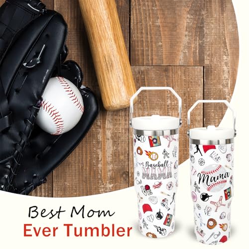 30 oz Tumbler with Handle Flip Straw Leak Proof - Baseball Mom Cup 30oz Tumbler Travel Coffee Mug with Handle - Birthday Gifts for Women Baseball Mom Mama Mothers Day 30 Ounce Stainless Steel Cup - color: Baseball Mom