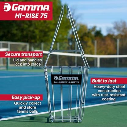 Gamma Ball Hopper Hi-Rise 75 - Heavy Duty Tennis Ball Basket with Handle for Easy Pickup & Storage - Holds 75 Tennis Balls, Durable Steel Construction, Weather-Resistant Coating - Silver