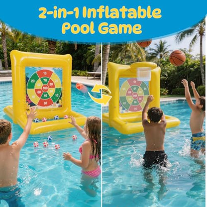 TicTac Shot Pool Toys Games for Kids & Adults, 2-in-1 Pool Basketball Hoop & Dart Target, Family Pool Party Games with Multiple Balls - Yellow