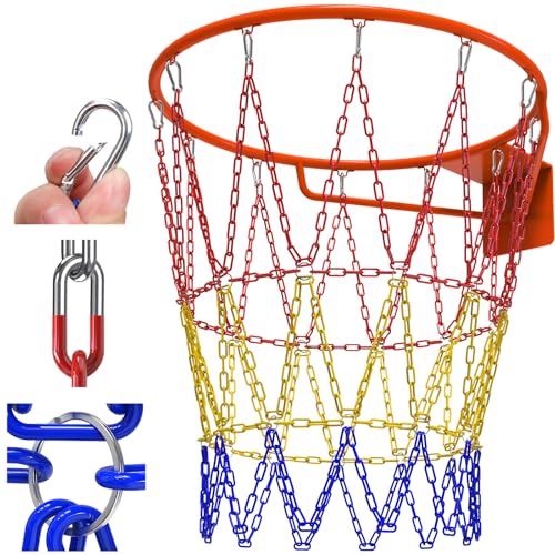 Insaga Chain Basketball Net Heavy Duty Metal - 19'' Basketball Chain Net for Hoop Outdoor Indoor Replacement, Rustproof Steel Chain Net for Standard 12-Loop Rim, Easy to Install - color: Red+Yellow+Blue A