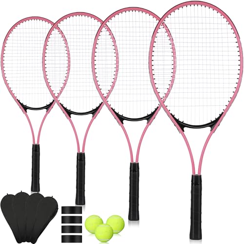 4 Pcs Tennis Rackets for Adult Recreational 4 Players 27" Tennis Racquet Lightweight Tennis Racket with 3 Tennis Balls for Training Beginners with Overgrips Carry Bag - color: Pink