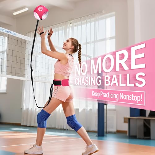 Volleyball Training Equipment (No Ball Included): 6-Piece Pink Solo Volleyball Trainer Set with Training Cards for Serving, Spiking, Setting & Hitting – Gift for Teen Girls and Beginner Player