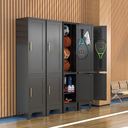 Sports Equipment Storage Locker Cabinet, 71" Tall Metal Organizer, Elastic Cord Ball Holder, Pegboard Door with 5 Hooks, Shoe Compartments, Golf Clubs, Anti Tip, Garage Mudroom Home Gym Billiards room - color: Black