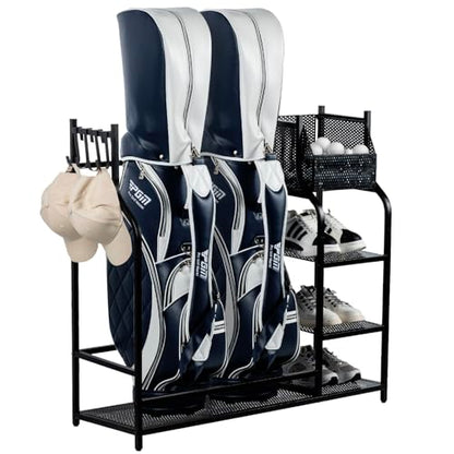 MyGift Golf Bag Stand for Garage, Black Metal Extra Large Golf Garage Storage Organizer with 4 Shelf Ball Holder, Shoe Organizer, and 5 Hook Hanger, Golf Accessories Gift for Men