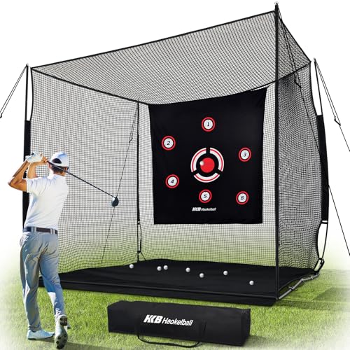 Haokelball Golf Hitting Net with 3-Sided Protection, 10x8x6ft Heavy Duty Golf Practice Cage with Reinforced Steel Frame, Target Cloth & Full Swing Backyard Driving Net for Indoor Outdoor Use