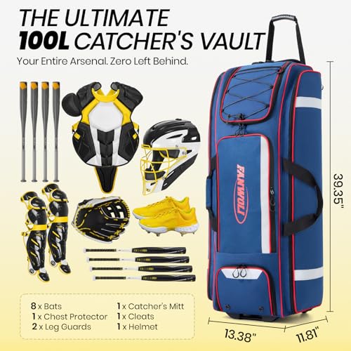 100L Rolling Catchers Gear Bag - Large Baseball & Softball Duffle with 5 Fence Hooks, Locker-Style Organizer, Holds 8 Bats, Vented Shoe Zone - Essential Pro Edition - color: Pro Navy