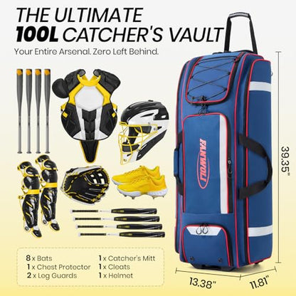 100L Rolling Catchers Gear Bag - Large Baseball & Softball Duffle with 5 Fence Hooks, Locker-Style Organizer, Holds 8 Bats, Vented Shoe Zone - Essential Pro Edition - color: Pro Navy