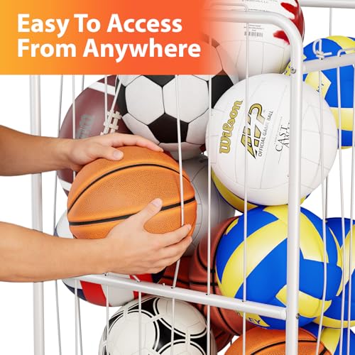 Olldide 250L 43-Inch Large Ball Storage Basket with Wheels, Rolling Cart Sports Equipment Garage Organizer with Elastic Rope for Easy Access, Holder For Basketball, Soccer, Volleyball, Football
