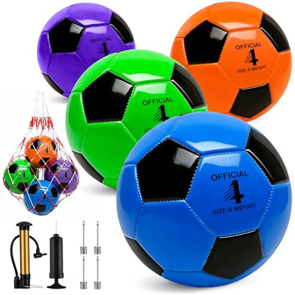 4 Pack Soccer Balls Size 5/4/3 Bulk with Pump, Carry Net, Needles - Pelota De Futbol Official Size Training Practice & Match Ball - Ideal Soccer & Birthday Gift - color: Color-Black, size: Size 4