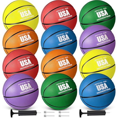 Libima 12 Pcs Rubber Basketball Official Size Bulk Streetball Multicolor Basket Ball with Pump Plain Basketball for Adult Youth Kid Indoor Outdoor Training Game Gift Back to School