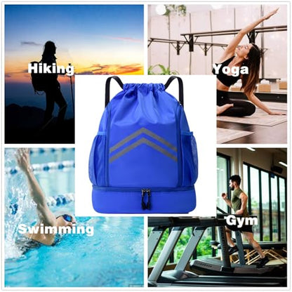Sports Drawstring Backpack Bag - Waterproof Gym Drawstring Bags with Shoes Compartment and Water Bottle Pockets - Cinch String Backpack - Swim Drawstring Beach Bags for Women & Men, Royal Blue - color: Royal Blue
