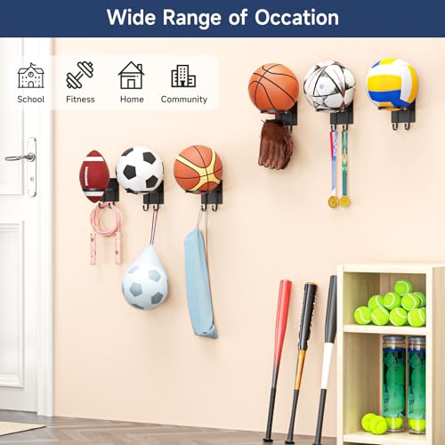 Ball Holder Wall-Mount with Hook,Ball Storage Stand Display Rack for Basketballs, Football, Soccer, Volleyball Collection, Sports Accessories Organizer(1 Pcs)