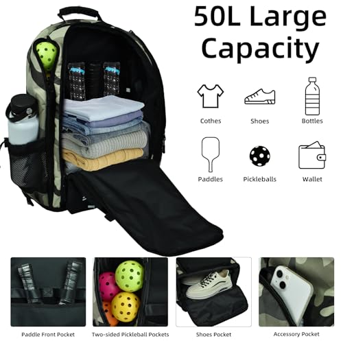 Pickleball Backpack, Large Sports Bag with Shoe Compartment, for Men and Women - color: Camouflage