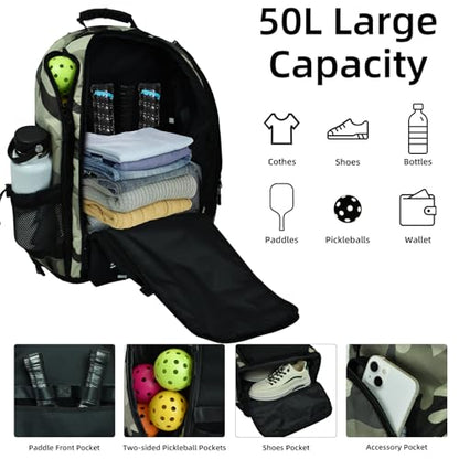 Pickleball Backpack, Large Sports Bag with Shoe Compartment, for Men and Women - color: Camouflage
