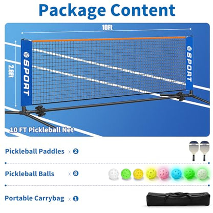 10 FT Mini Portable Pickleball Net Equipment Set - Tennis Net for Driveway Backyard, 2 Pickleball Paddles, 8 Pickleballs and Potable Carry Bag,Pickleball Net for Beginner