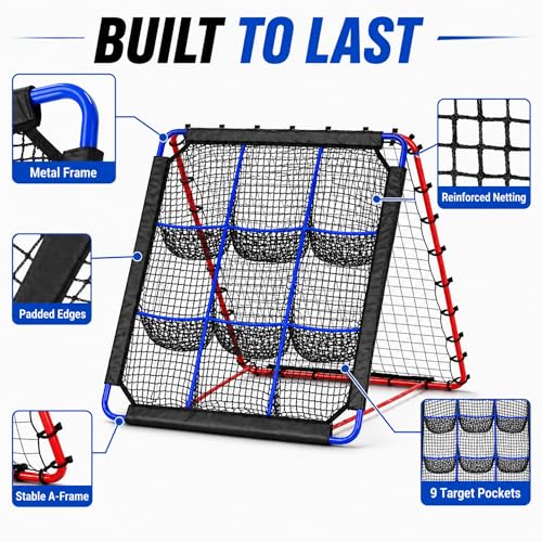 Pro-Grade 12-Angle Baseball & Softball Rebounder Net | with 9-Pocket Target for Pitching & Hitting Practice | Portable Multi-Sport Trainer for Soccer, Lacrosse, Volleyball