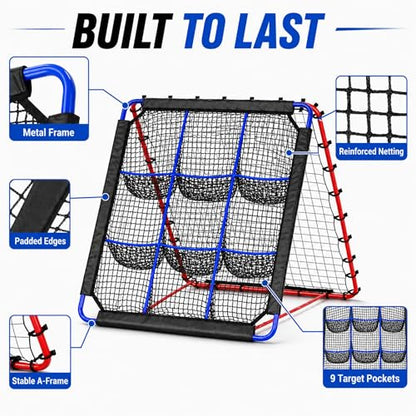 Pro-Grade 12-Angle Baseball & Softball Rebounder Net | with 9-Pocket Target for Pitching & Hitting Practice | Portable Multi-Sport Trainer for Soccer, Lacrosse, Volleyball