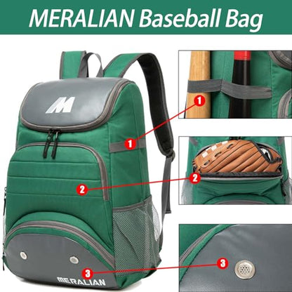 Baseball Bag - Lightweight Softball & T-Ball Backpack with Shoe Compartment for Equipment & Gear - color: GREED