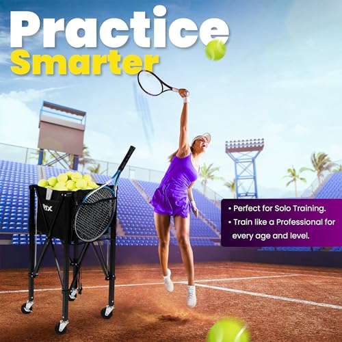 Tennis Ball Cart | Pickleball Ball Hopper | 150 Ball Capacity | Multiple Storage Pockets | Carrying Bag | Sturdy Pickleball Cart with Wheels | Ball Caddy for Practice & Training